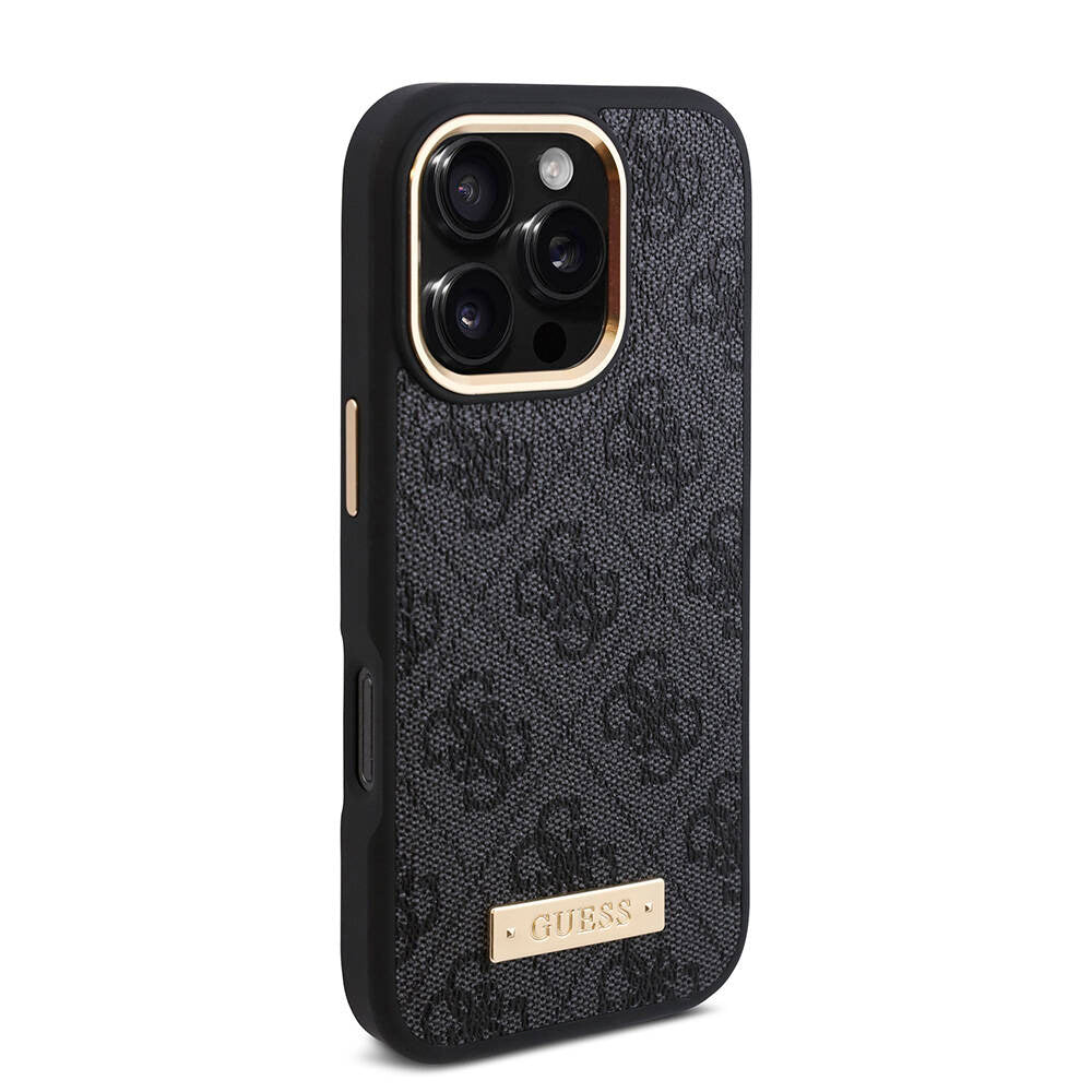 Apple iPhone 16 Pro Kılıf Guess Orjinal Lisanslı Magsafe Şarj Özellikli 4G Desenli PU Metal Plaka Klasik Logolu Kapak Siyah