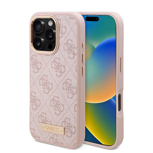 Apple iPhone 16 Pro Kılıf Guess Orjinal Lisanslı Magsafe Şarj Özellikli 4G Desenli PU Metal Plaka Klasik Logolu Kapak Pembe
