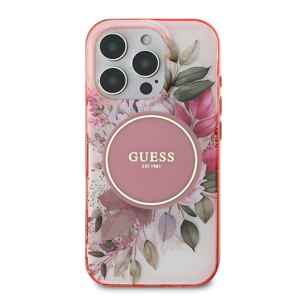 Apple iPhone 16 Pro Kılıf Guess Orjinal Lisanslı Magsafe Şarj Özellikli Flower Tonal Circle Kapak Pembe