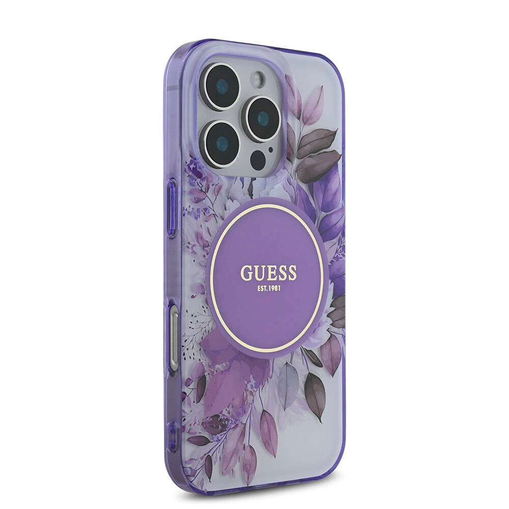 Apple iPhone 16 Pro Kılıf Guess Orjinal Lisanslı Magsafe Şarj Özellikli Flower Tonal Circle Kapak Mor