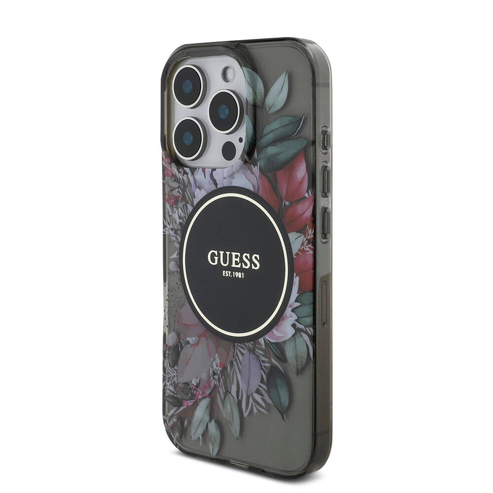 Apple iPhone 16 Pro Kılıf Guess Orjinal Lisanslı Magsafe Şarj Özellikli IML Baskılı Çiçek İnci Bileklikli Kapak Mor