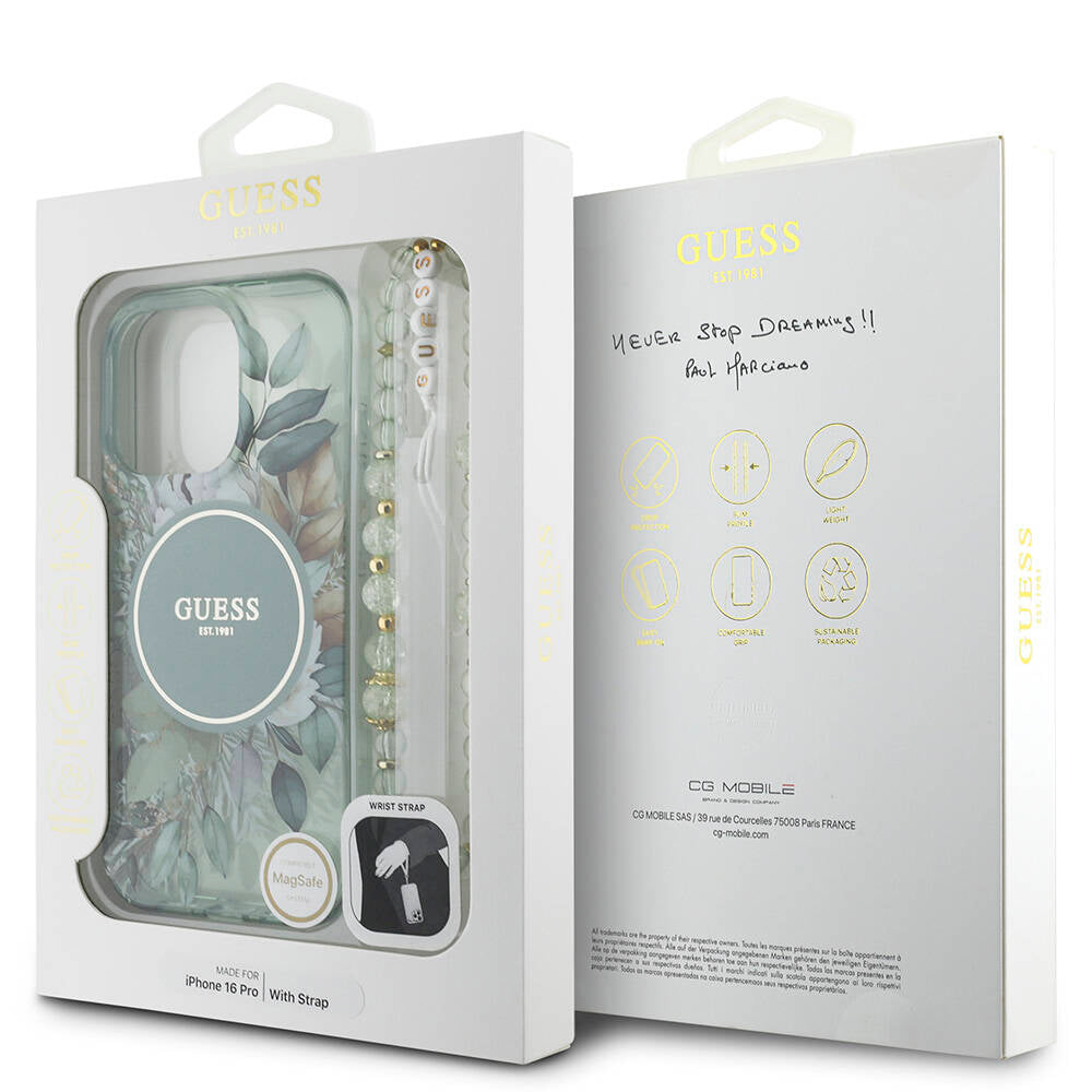 Apple iPhone 16 Pro Kılıf Guess Orjinal Lisanslı Magsafe Şarj Özellikli IML Baskılı Çiçek İnci Bileklikli Kapak Pembe