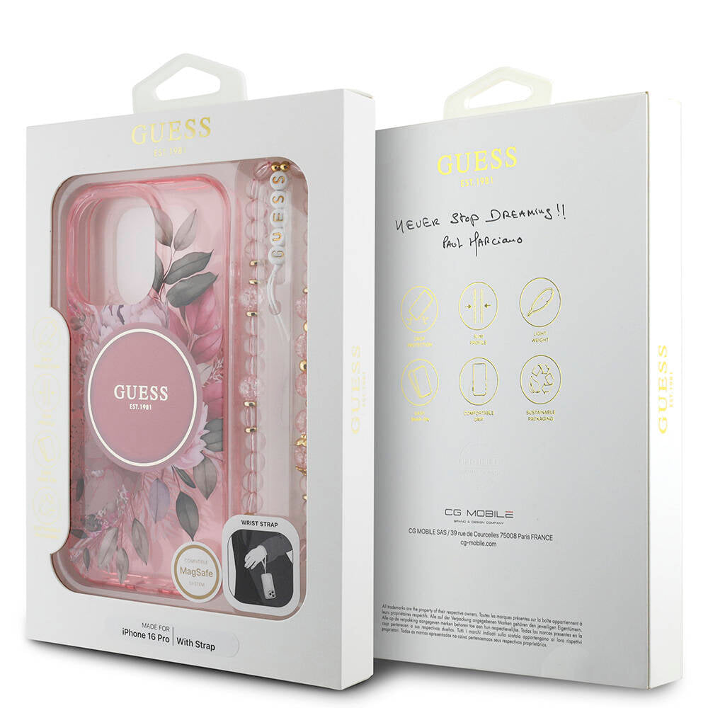 Apple iPhone 16 Pro Kılıf Guess Orjinal Lisanslı Magsafe Şarj Özellikli IML Baskılı Çiçek İnci Bileklikli Kapak Pembe