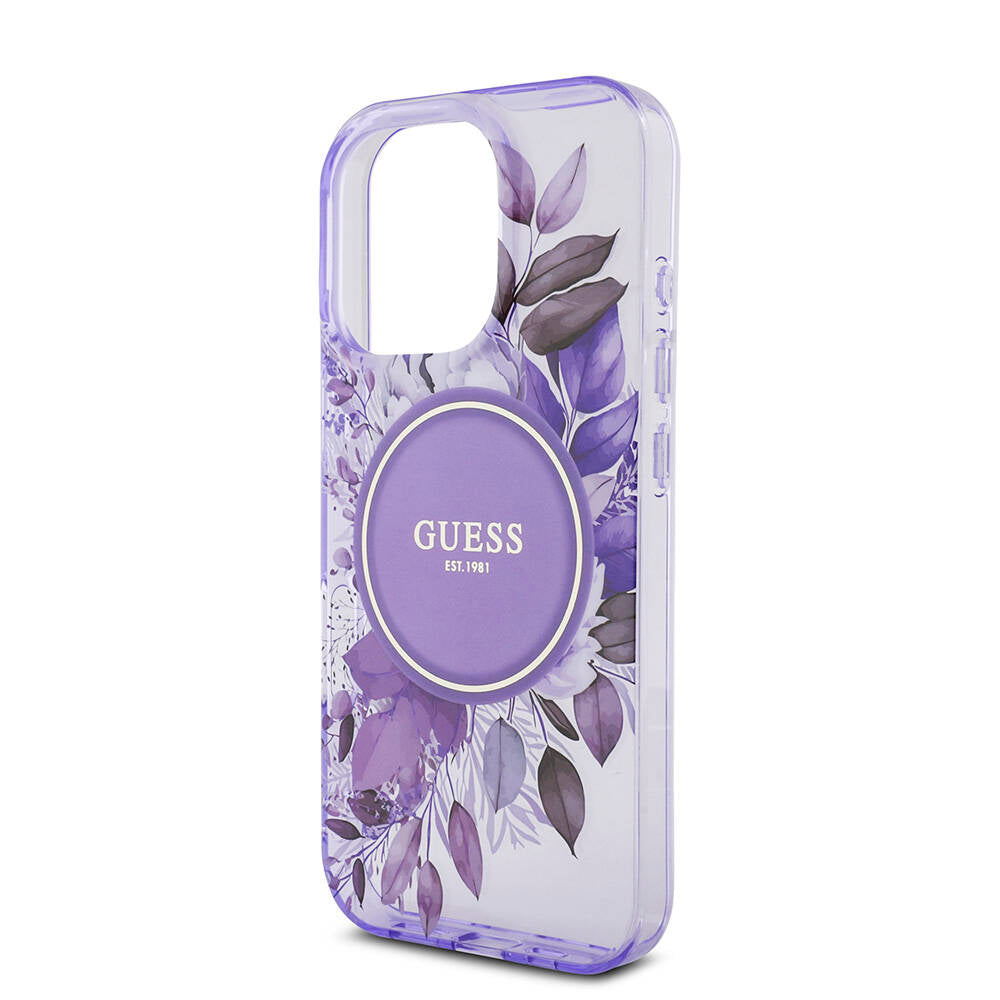 Apple iPhone 16 Pro Kılıf Guess Orjinal Lisanslı Magsafe Şarj Özellikli IML Baskılı Çiçek İnci Bileklikli Kapak Siyah