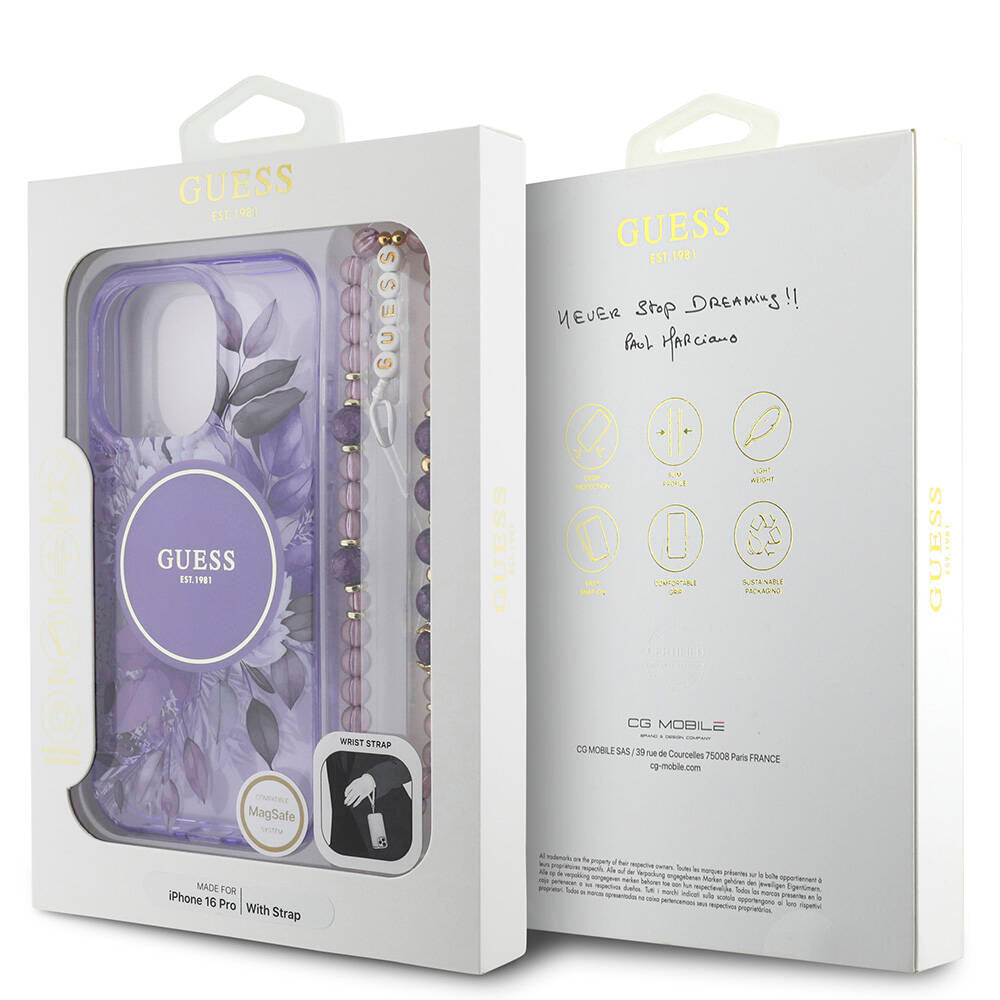 Apple iPhone 16 Pro Kılıf Guess Orjinal Lisanslı Magsafe Şarj Özellikli IML Baskılı Çiçek İnci Bileklikli Kapak Siyah