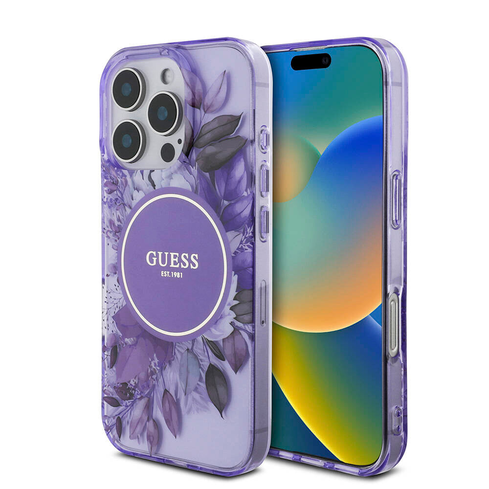 Apple iPhone 16 Pro Kılıf Guess Orjinal Lisanslı Magsafe Şarj Özellikli IML Baskılı Çiçek İnci Bileklikli Kapak Siyah