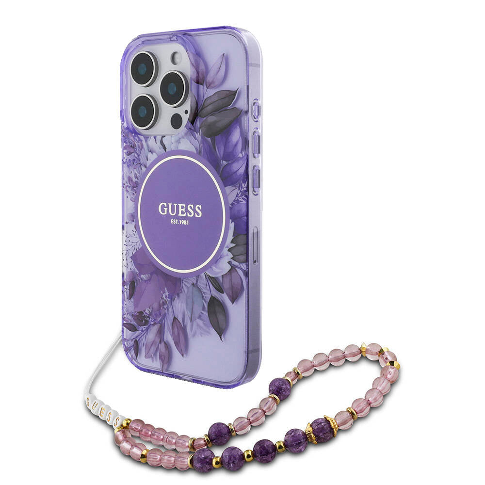 Apple iPhone 16 Pro Kılıf Guess Orjinal Lisanslı Magsafe Şarj Özellikli IML Baskılı Çiçek İnci Bileklikli Kapak Yeşil