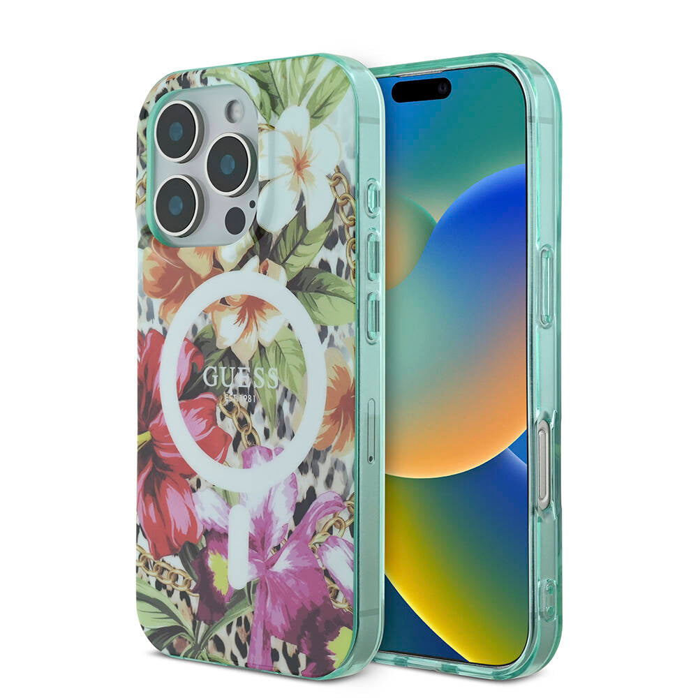 Apple iPhone 16 Pro Kılıf Guess Orjinal Lisanslı Magsafe Şarj Özellikli IML Baskılı Jungle Ring Kapak Mor