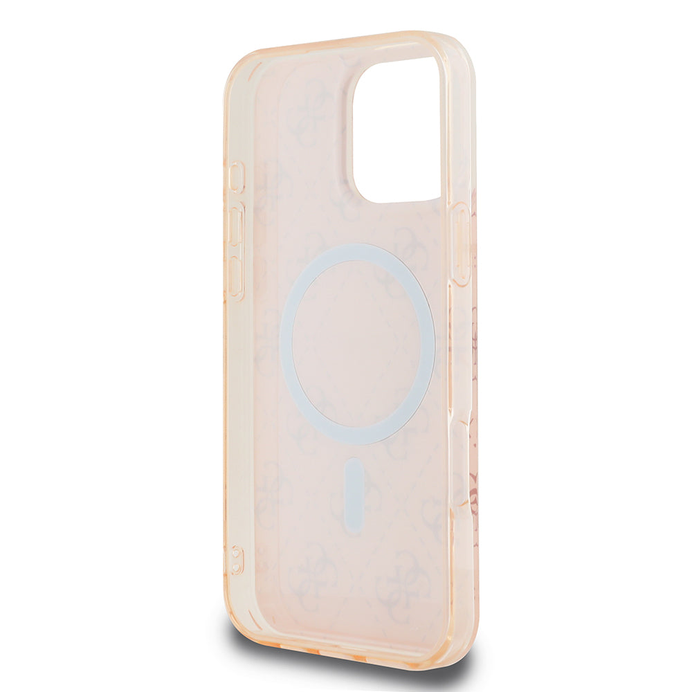 Apple iPhone 16 Pro Kılıf Guess Orjinal Lisanslı Magsafe Şarj Özellikli IML Baskılı Klasik Logolu 4G Desenli Kapak Pembe
