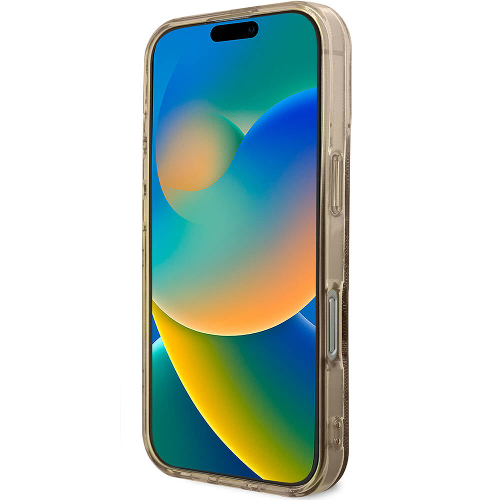 Apple iPhone 16 Pro Kılıf Guess Orjinal Lisanslı Magsafe Şarj Özellikli IML Peony ve 4G Desenli Klasik Logolu Kapak Kahverengi