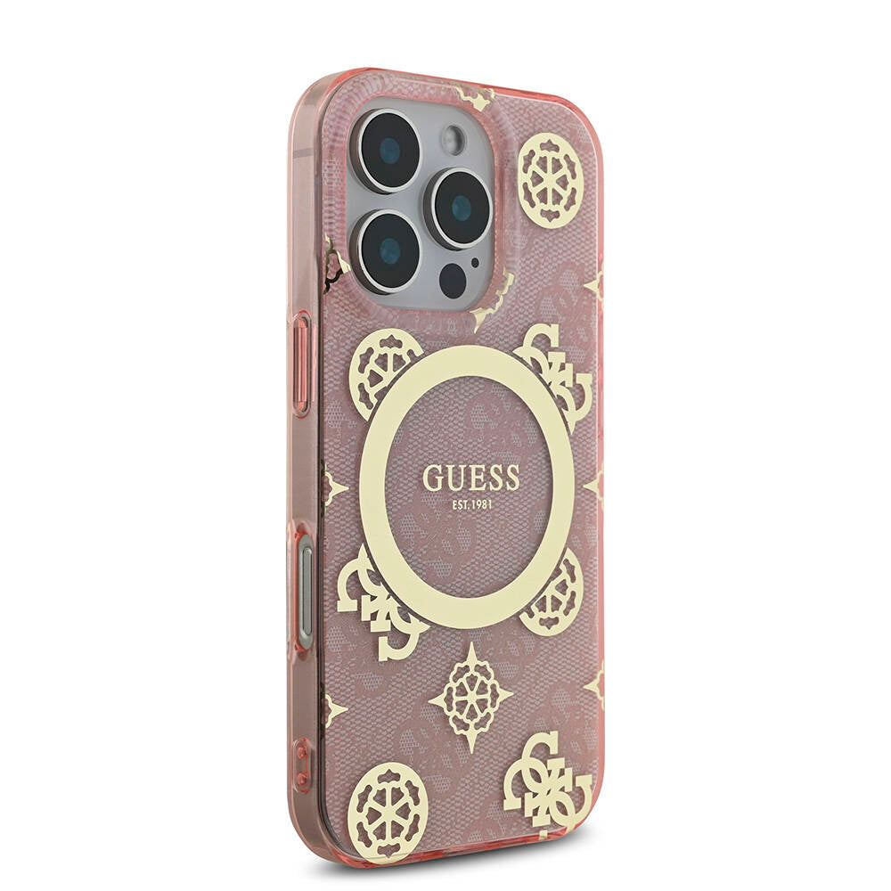 Apple iPhone 16 Pro Kılıf Guess Orjinal Lisanslı Magsafe Şarj Özellikli IML Peony ve 4G Desenli Klasik Logolu Kapak Siyah