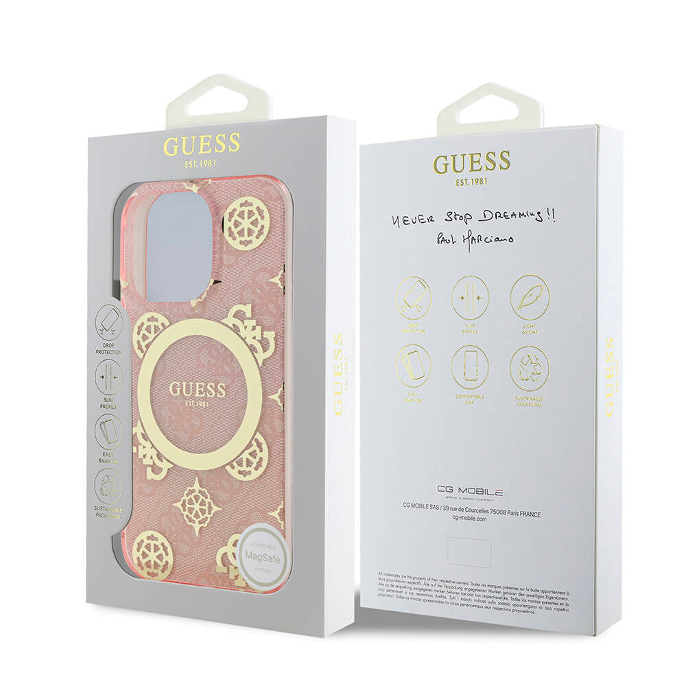 Apple iPhone 16 Pro Kılıf Guess Orjinal Lisanslı Magsafe Şarj Özellikli IML Peony ve 4G Desenli Klasik Logolu Kapak Pembe