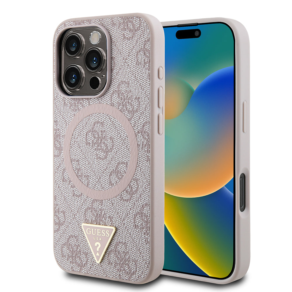 Apple iPhone 16 Pro Kılıf Guess Orjinal Lisanslı Magsafe Şarj Özellikli PU Üçgen Logo 4G Desenli Kapak Siyah