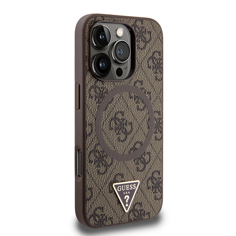 Apple iPhone 16 Pro Kılıf Guess Orjinal Lisanslı Magsafe Şarj Özellikli PU Üçgen Logo 4G Desenli Kapak Pembe