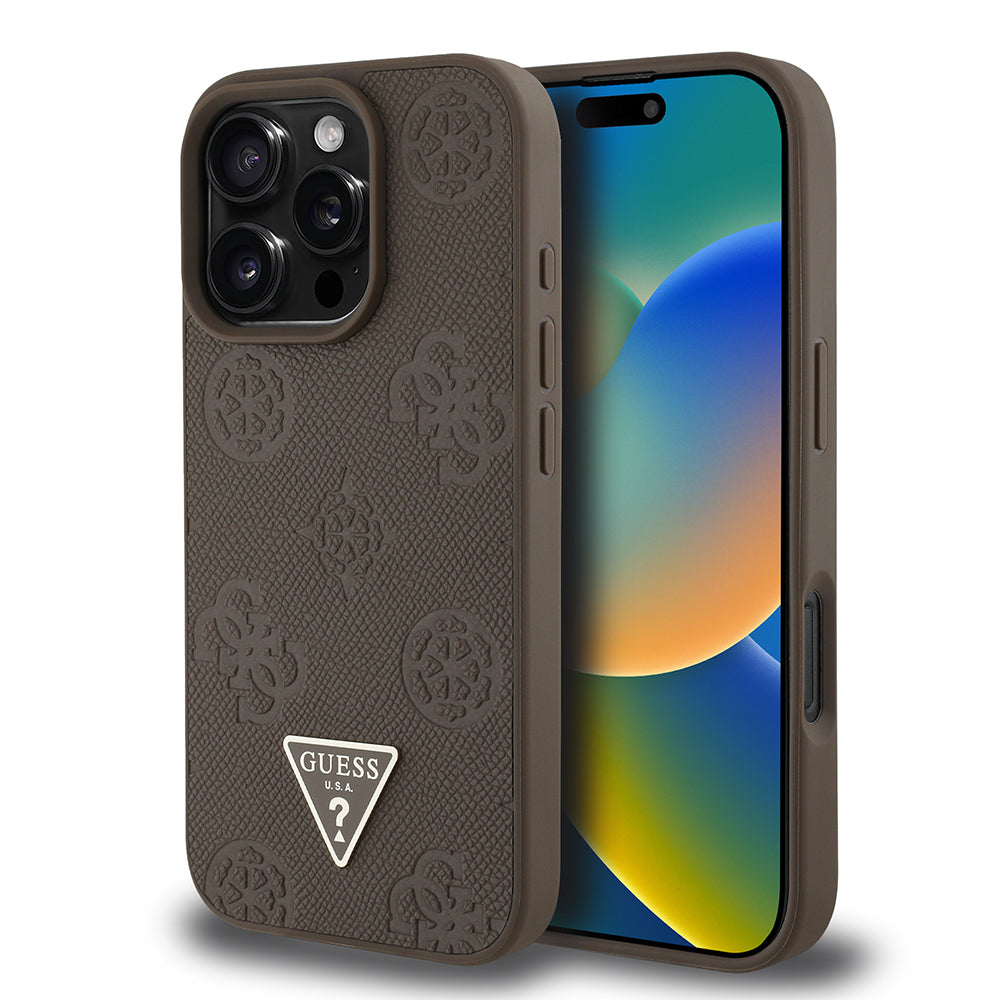 Apple iPhone 16 Pro Kılıf Guess Orjinal Lisanslı M-safe Şarj Özellikli Sıcak Baskılı Üçgen Logolu PU Deri Peony Kapak Kahverengi