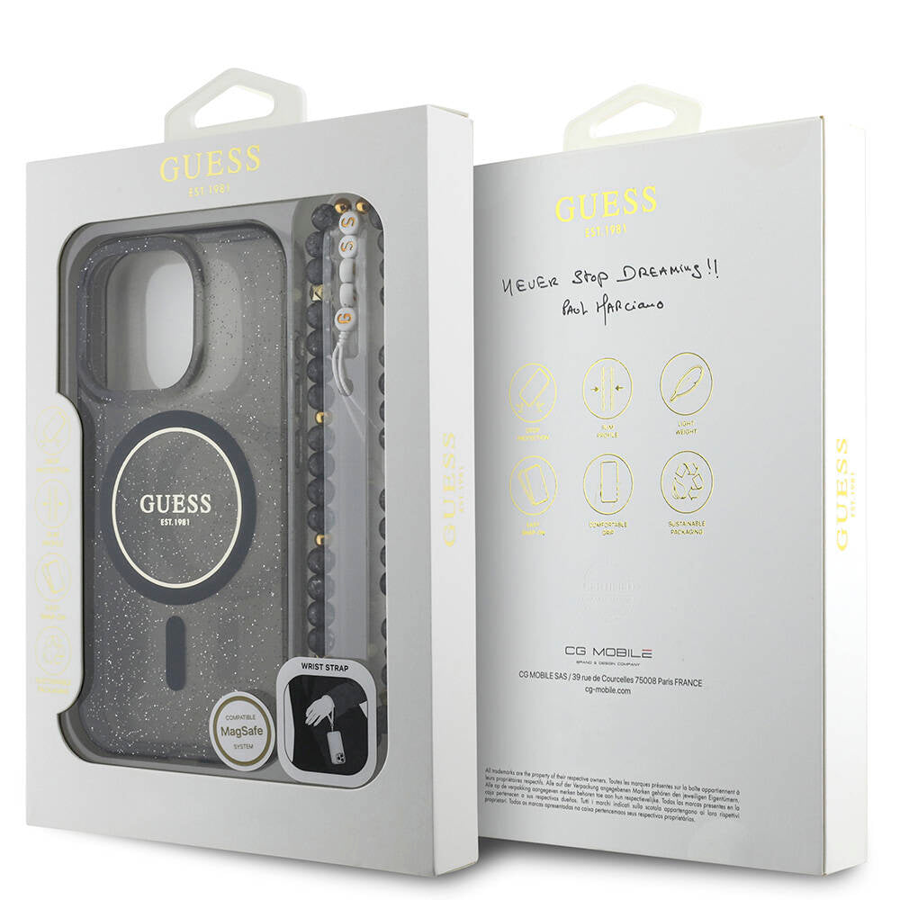 Apple iPhone 16 Pro Kılıf Guess Orjinal Lisanslı Magsafe Şarj Özellikli Simli Silikon İnci Bileklikli Kapak Siyah