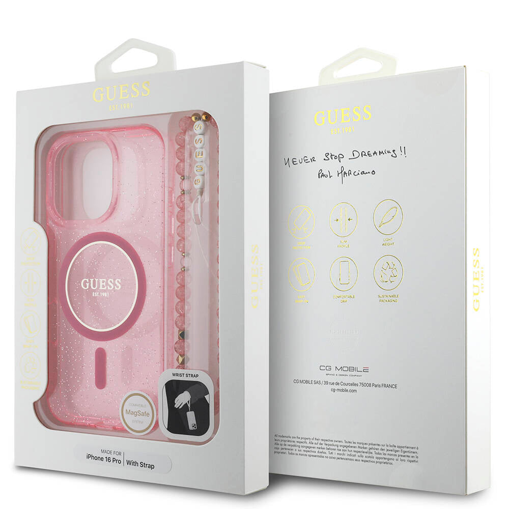 Apple iPhone 16 Pro Kılıf Guess Orjinal Lisanslı Magsafe Şarj Özellikli Simli Silikon İnci Bileklikli Kapak Siyah