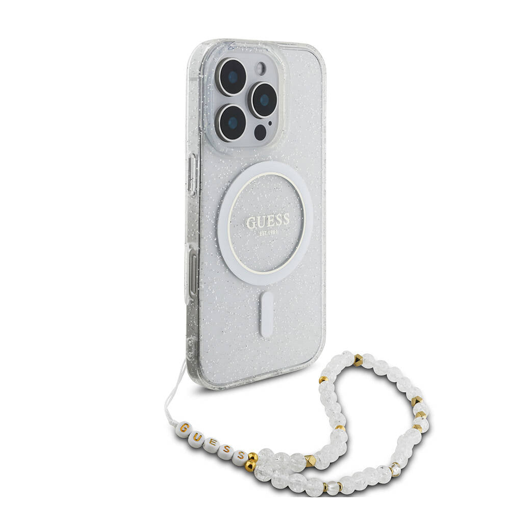 Apple iPhone 16 Pro Kılıf Guess Orjinal Lisanslı Magsafe Şarj Özellikli Simli Silikon İnci Bileklikli Kapak Şeffaf