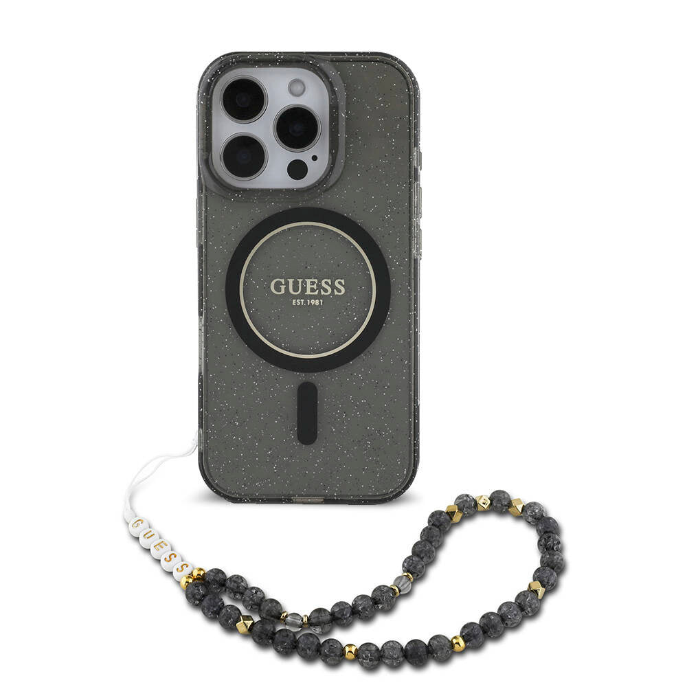 Apple iPhone 16 Pro Kılıf Guess Orjinal Lisanslı Magsafe Şarj Özellikli Simli Silikon İnci Bileklikli Kapak Şeffaf