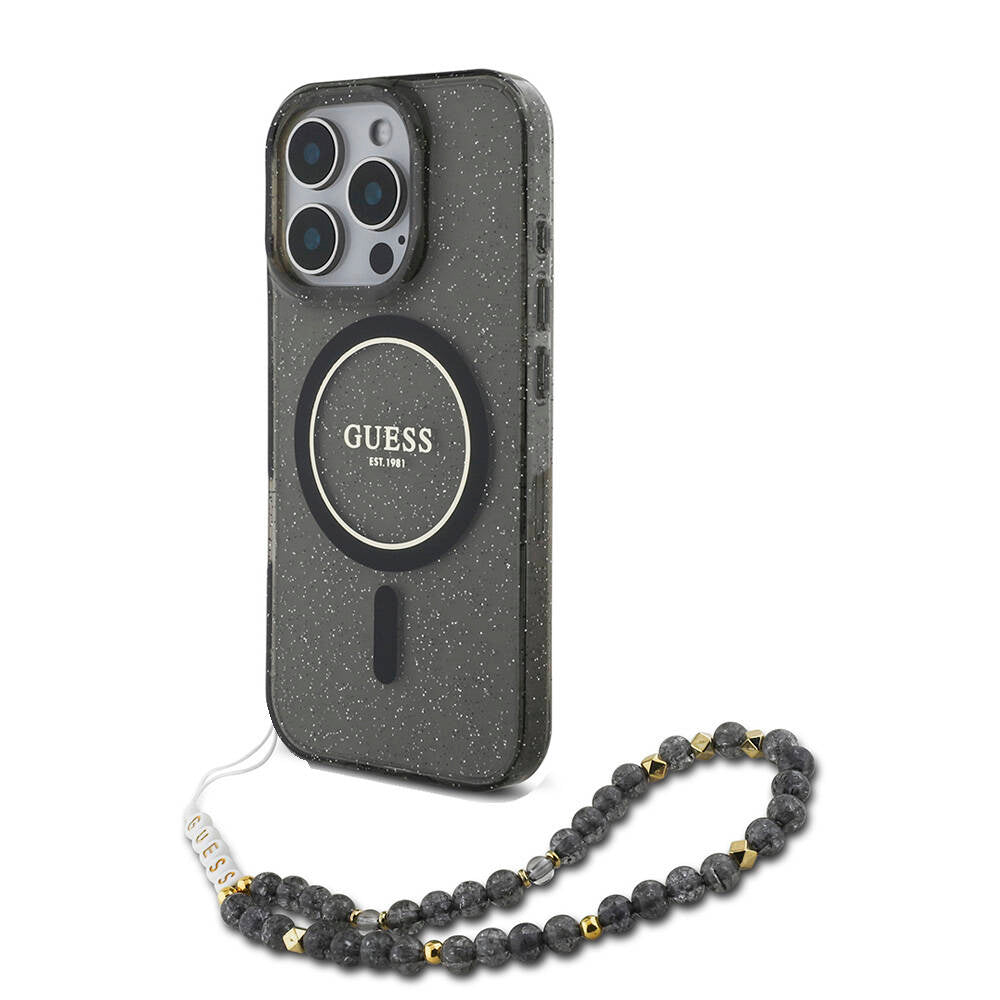 Apple iPhone 16 Pro Kılıf Guess Orjinal Lisanslı Magsafe Şarj Özellikli Simli Silikon İnci Bileklikli Kapak Siyah
