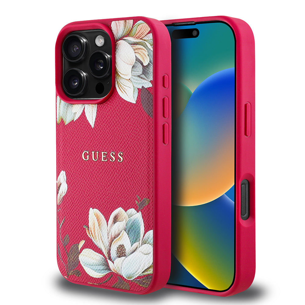 Apple iPhone 16 Pro Kılıf Guess Orjinal Lisanslı M-safe Şarj Özellikli Taneli Çiçek Tasarımlı Metal Yazı Logolu Kapak Kırmızı