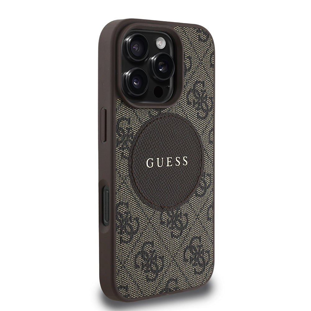 Apple iPhone 16 Pro Kılıf Guess Orjinal Lisanslı M-safe Şarj Özellikli Yazı Logolu Circle Classic Kapak Kahverengi