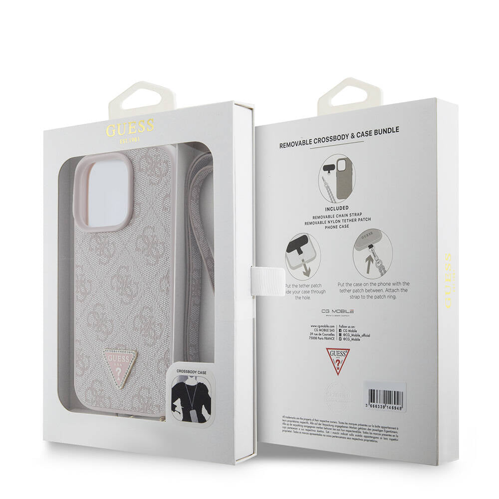 Apple iPhone 16 Pro Kılıf Guess Orjinal Lisanslı PU Deri Taşlı Metal Üçgen Logolu Çapraz Vücut Askılı 4G Desenli Kapak Pembe