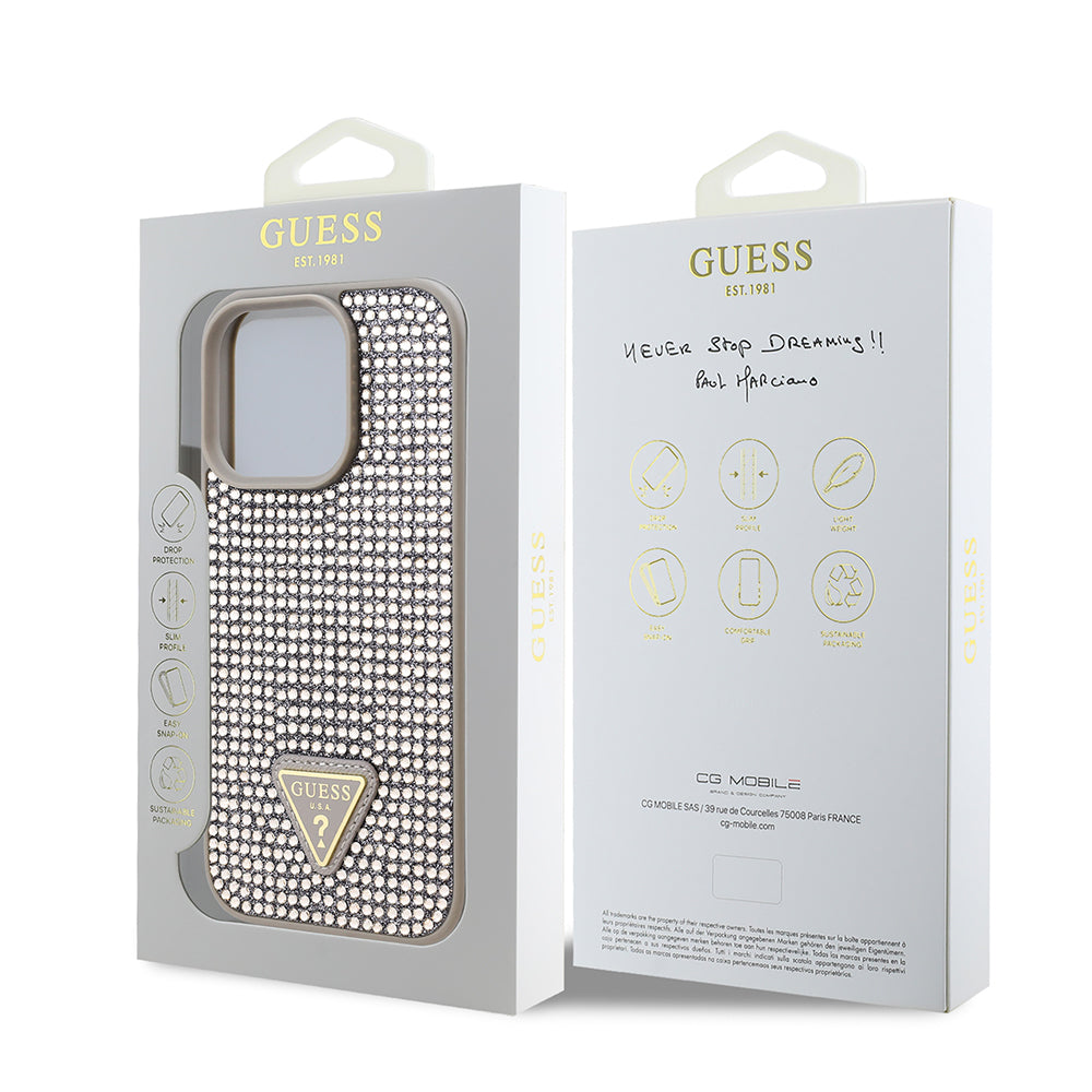 Apple iPhone 16 Pro Kılıf Guess Orjinal Lisanslı Taşlı Arka Yüzey Üçgen Logolu Kapak Pembe