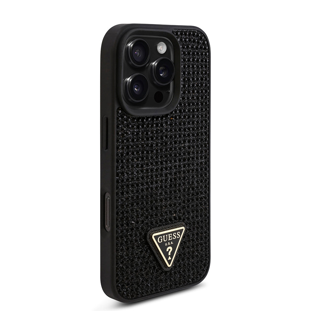 Apple iPhone 16 Pro Kılıf Guess Orjinal Lisanslı Taşlı Arka Yüzey Üçgen Logolu Kapak Pembe