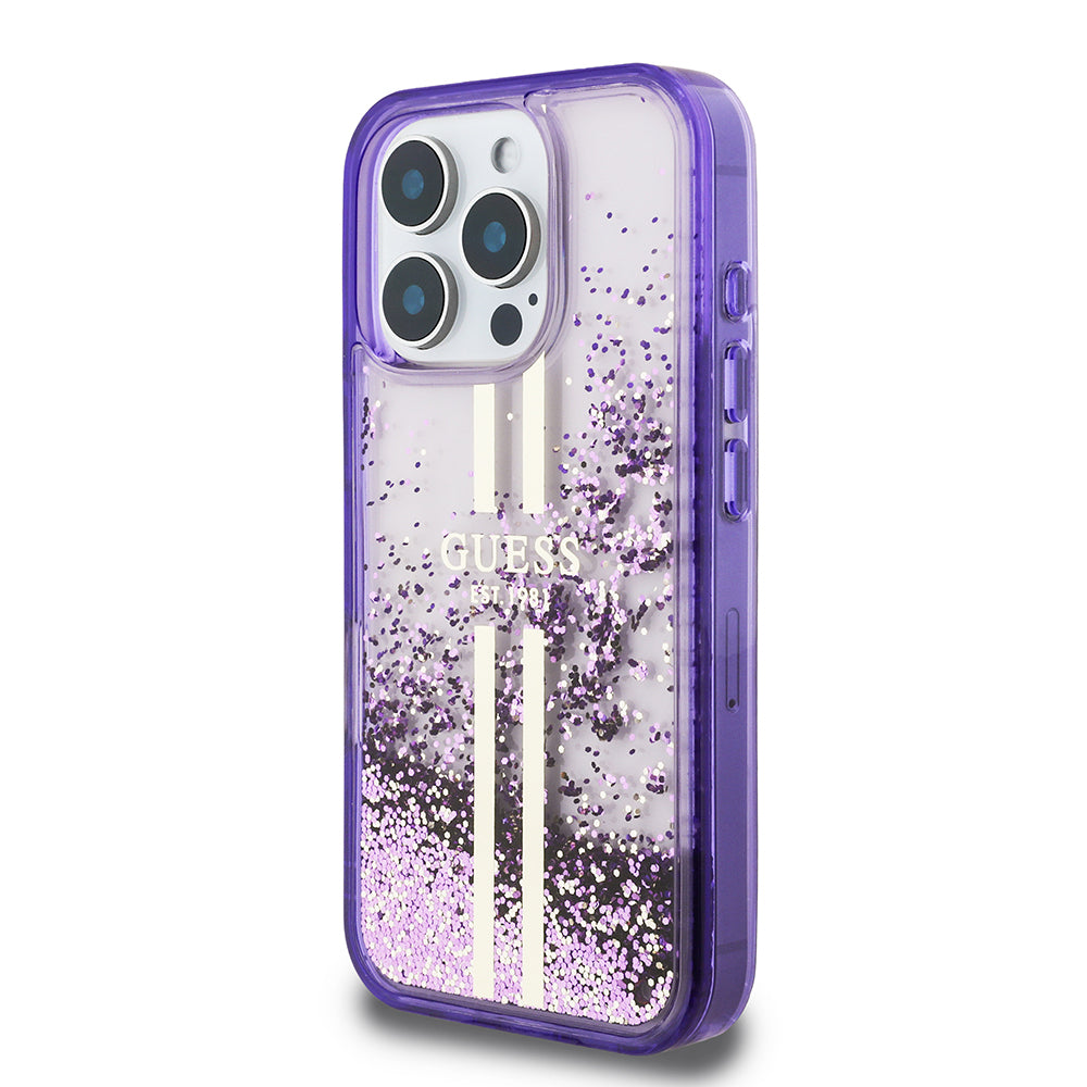 Apple iPhone 16 Pro Kılıf Guess Orjinal Lisanslı Transparan Sıvılı Simli Altın Çizgili Kapak Mor