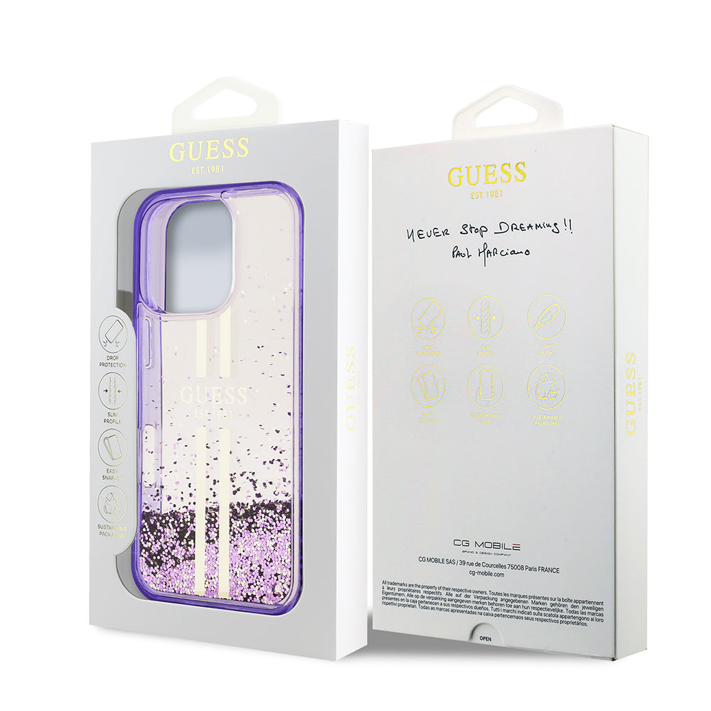 Apple iPhone 16 Pro Kılıf Guess Orjinal Lisanslı Transparan Sıvılı Simli Altın Çizgili Kapak Pembe