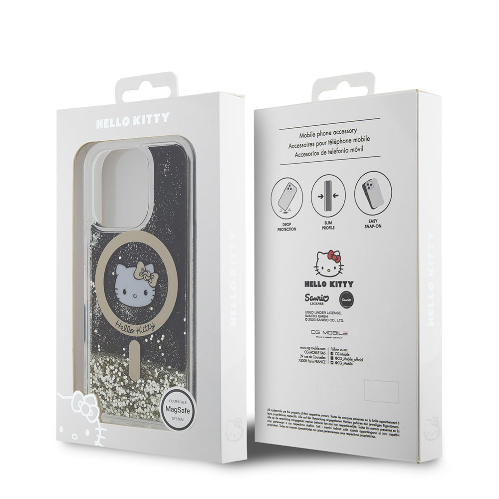 Apple iPhone 16 Pro Kılıf Hello Kitty Orjinal Lisanslı Magsafe Şarj Özellikli IML Baskı Kitty Head Logolu Sıvılı Simli Altın Ateşi Kapak Siyah