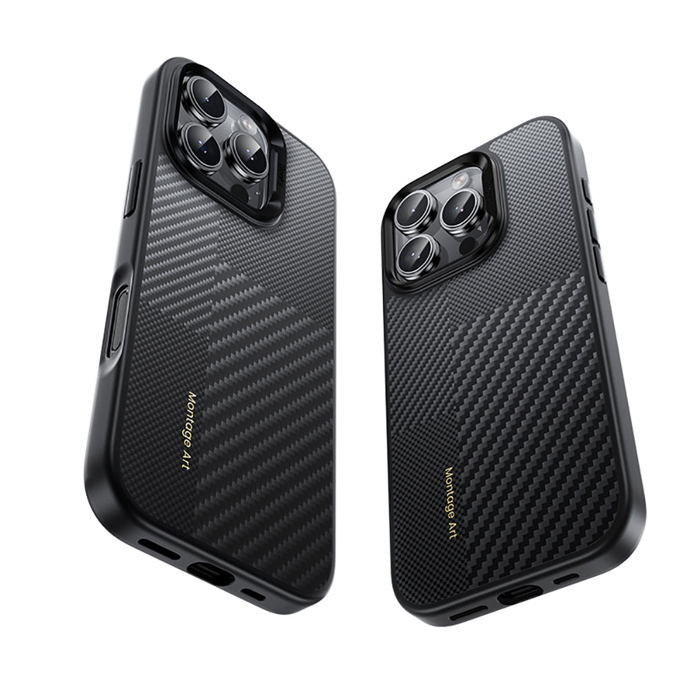 Apple iPhone 16 Pro Kılıf Karbon Fiber M-safe Şarj Özellikli Kamera Kontrol Butonlu Benks Hybrid ArmorPro Montage Kevlar Kapak Siyah