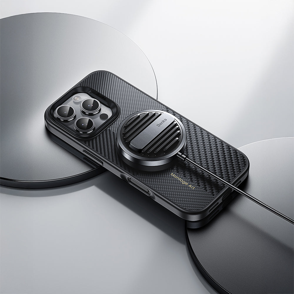 Apple iPhone 16 Pro Kılıf Karbon Fiber M-safe Şarj Özellikli Kamera Kontrol Butonlu Benks Hybrid ArmorPro Montage Kevlar Kapak Siyah