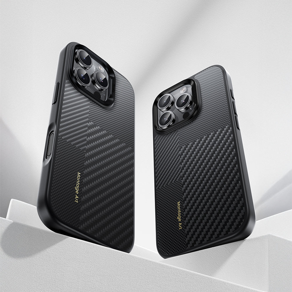 Apple iPhone 16 Pro Kılıf Karbon Fiber M-safe Şarj Özellikli Kamera Kontrol Butonlu Benks Hybrid ArmorPro Montage Kevlar Kapak Siyah