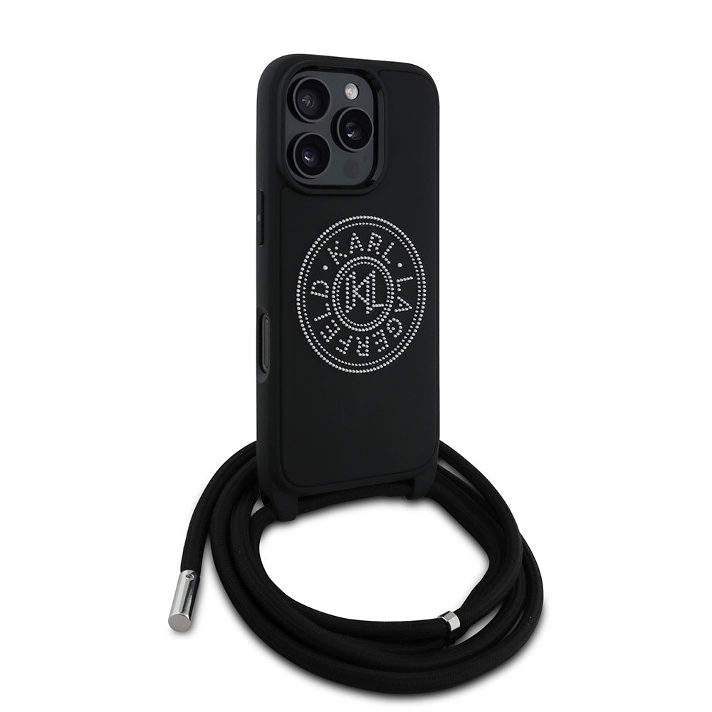 Apple iPhone 16 Pro Kılıf Karl Lagerfeld Orjinal Lisanslı Askı İpli Taşlı KL Yazılı Crossbody Cord Kapak Siyah