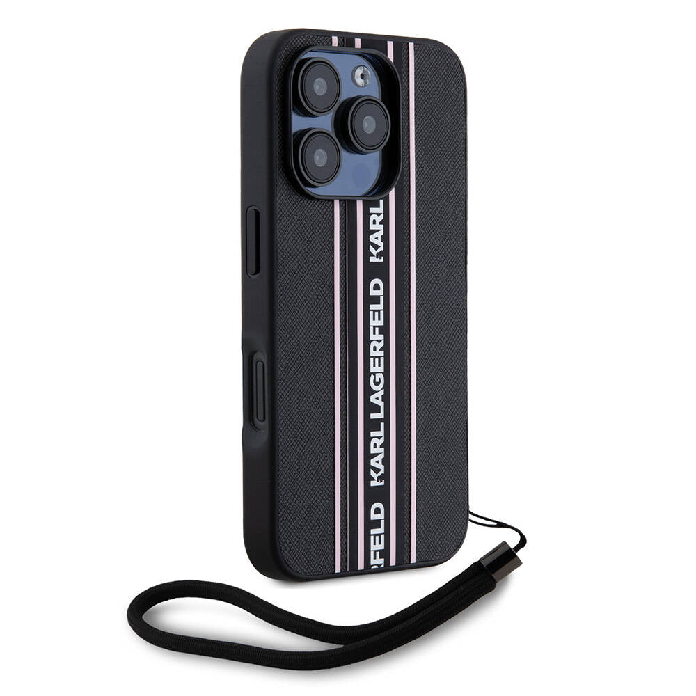 Apple iPhone 16 Pro Kılıf Karl Lagerfeld Orjinal Lisanslı Askılı Saffiano Athleisure Şerit Çizgili Kapak Siyah-Pembe