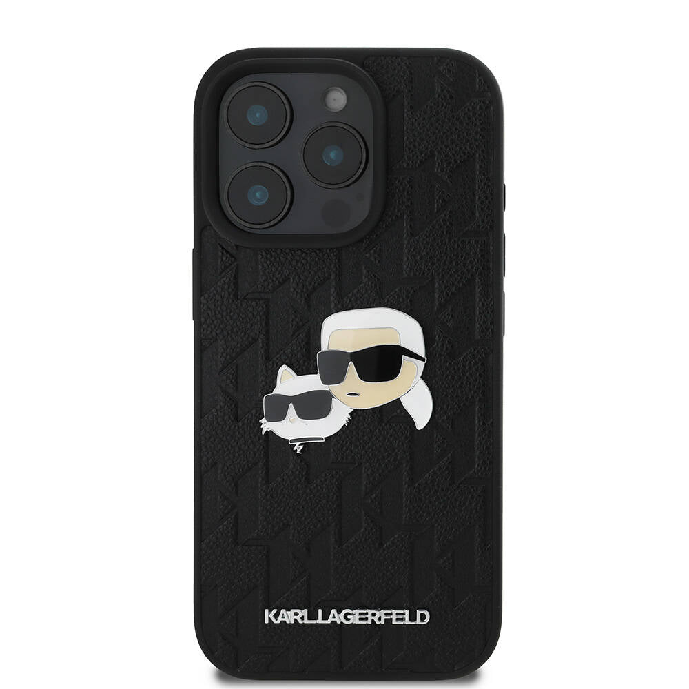 Apple iPhone 16 Pro Kılıf Karl Lagerfeld Orjinal Lisanslı K&C Heads Monogram Pin Kapak Siyah