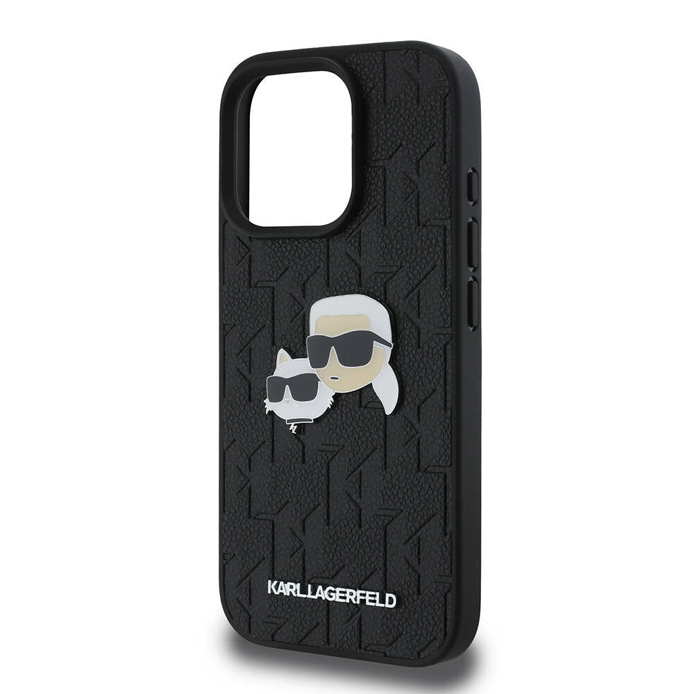 Apple iPhone 16 Pro Kılıf Karl Lagerfeld Orjinal Lisanslı K&C Heads Monogram Pin Kapak Siyah