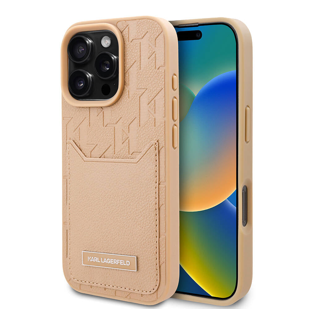Apple iPhone 16 Pro Kılıf Karl Lagerfeld Orjinal Lisanslı KL Desenli Kartlıklı Monogram Kapak Kahverengi