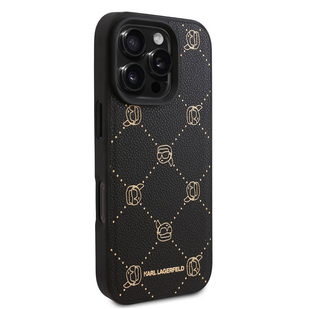 Apple iPhone 16 Pro Kılıf Karl Lagerfeld Orjinal Lisanslı Magsafe Şarj Özellikli PU Deri Karl Heads Desenli Klasik Logolu Kapak Siyah