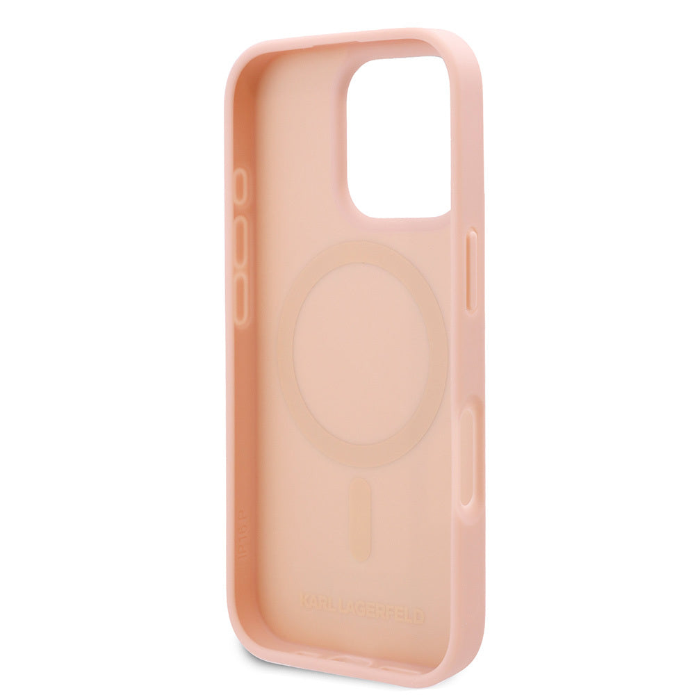 Apple iPhone 16 Pro Kılıf Karl Lagerfeld Orjinal Lisanslı Magsafe Şarj Özellikli KL Yazılı Hot Stamp Kapak Krem