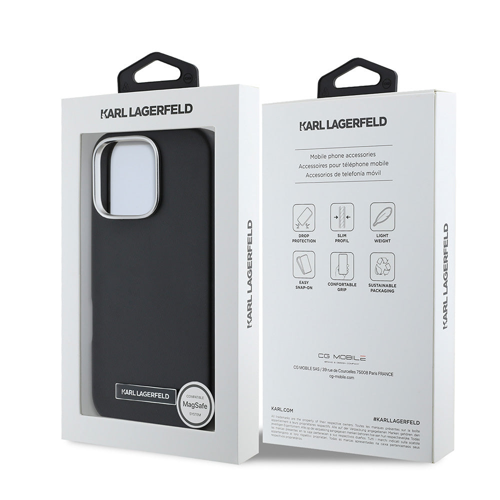 Apple iPhone 16 Pro Kılıf Karl Lagerfeld Orjinal Lisanslı Magsafe Şarj Özellikli Metal Kamera ve Buton Tasarımlı Plaka Logolu PU Deri Kapak Siyah