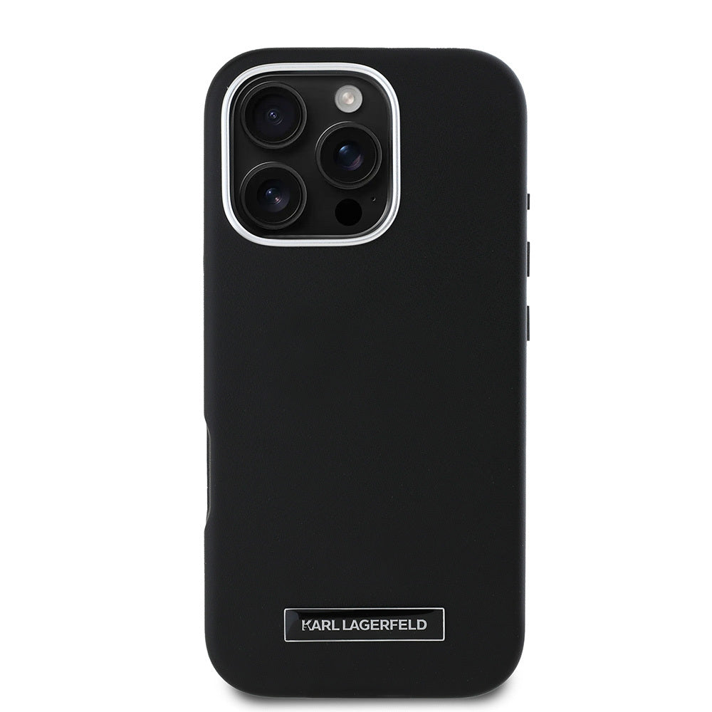 Apple iPhone 16 Pro Kılıf Karl Lagerfeld Orjinal Lisanslı Magsafe Şarj Özellikli Metal Kamera ve Buton Tasarımlı Plaka Logolu PU Deri Kapak Siyah