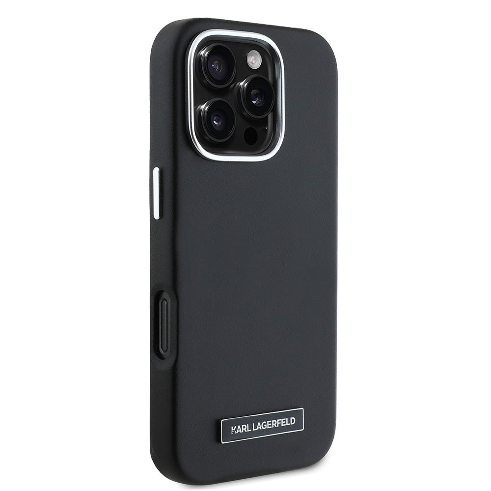 Apple iPhone 16 Pro Kılıf Karl Lagerfeld Orjinal Lisanslı Magsafe Şarj Özellikli Metal Kamera ve Buton Tasarımlı Plaka Logolu PU Deri Kapak Siyah