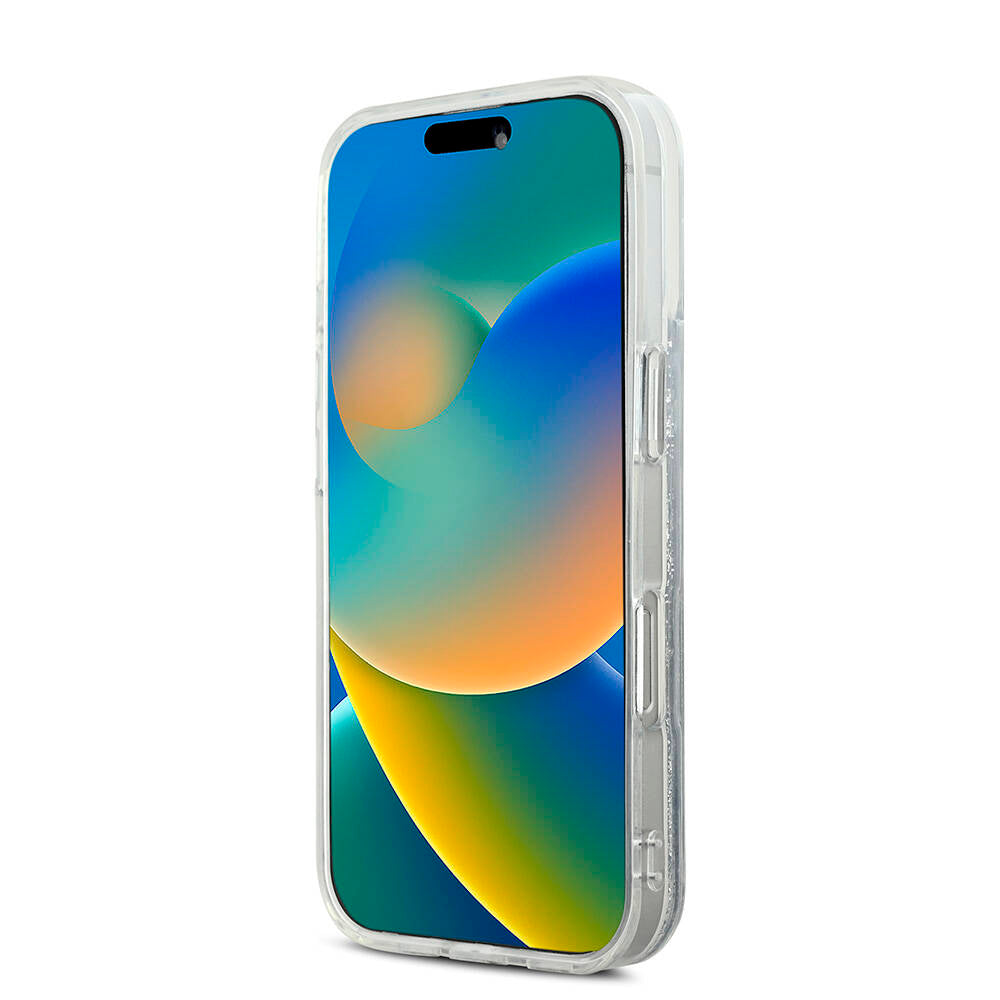 Apple iPhone 16 Pro Kılıf Karl Lagerfeld Orjinal Lisanslı Magsafe Şarj Özellikli Sıvılı Simli KC Heads Kapak Şeffaf