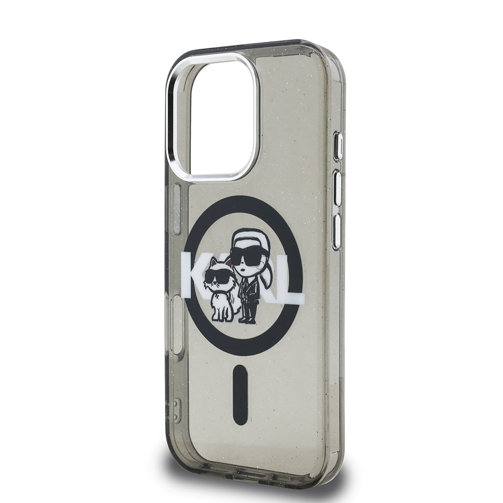 Apple iPhone 16 Pro Kılıf Karl Lagerfeld Orjinal Lisanslı Parlayan Simli Karl & Choupette Sketch Logo Kapak Siyah