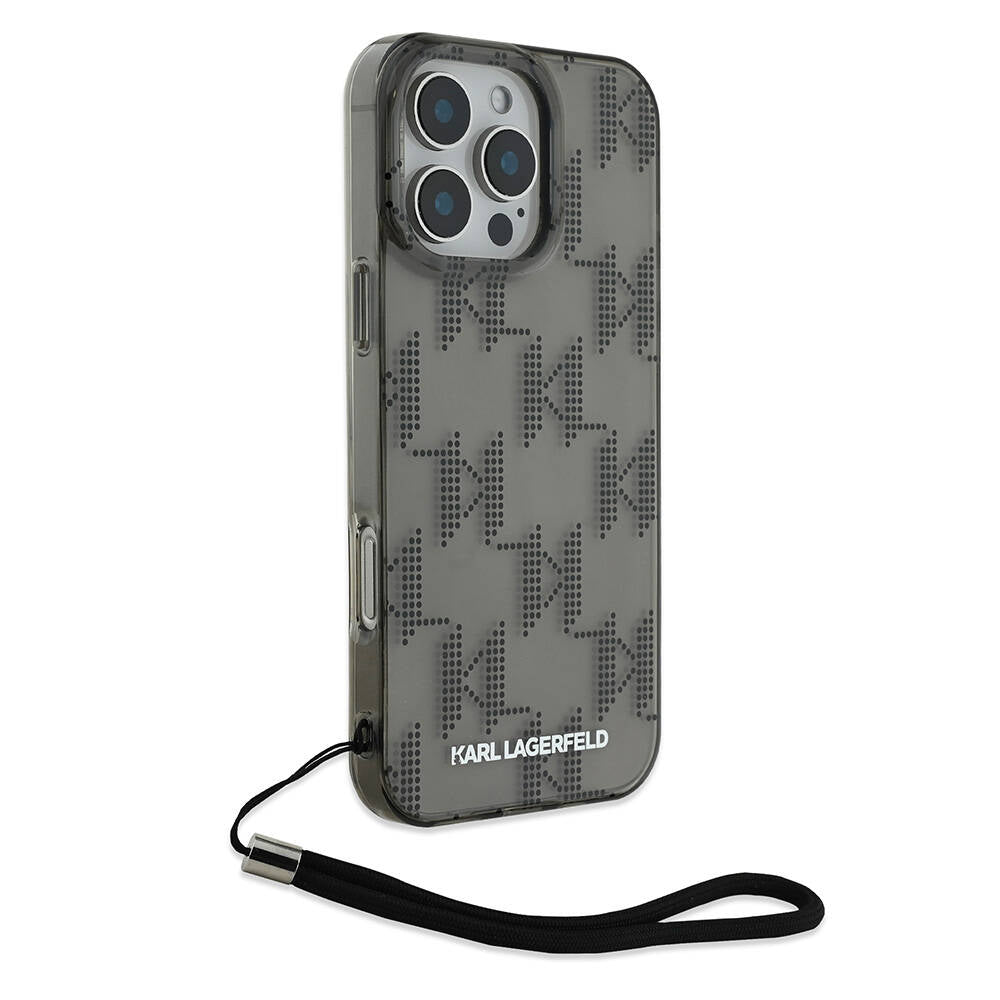 Apple iPhone 16 Pro Kılıf Karl Lagerfeld Orjinal Lisanslı KL Desenli Saydam Bilek Askı İpli Klasik Logolu Kapak Siyah
