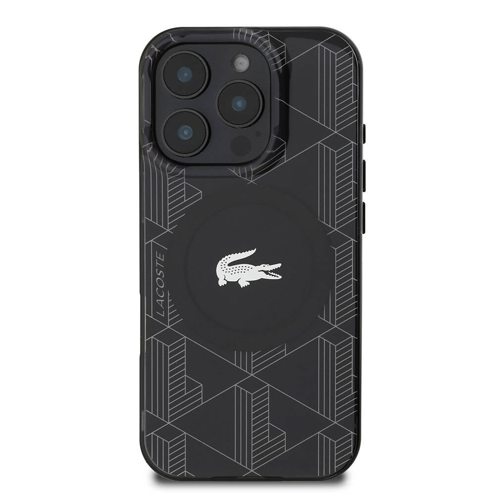 Apple iPhone 16 Pro Kılıf Lacoste Orjinal Lisanslı Magsafe Şarj Özellikli IML Baskılı Gümüş Timsah Logolu Monogram Kapak Lacivert