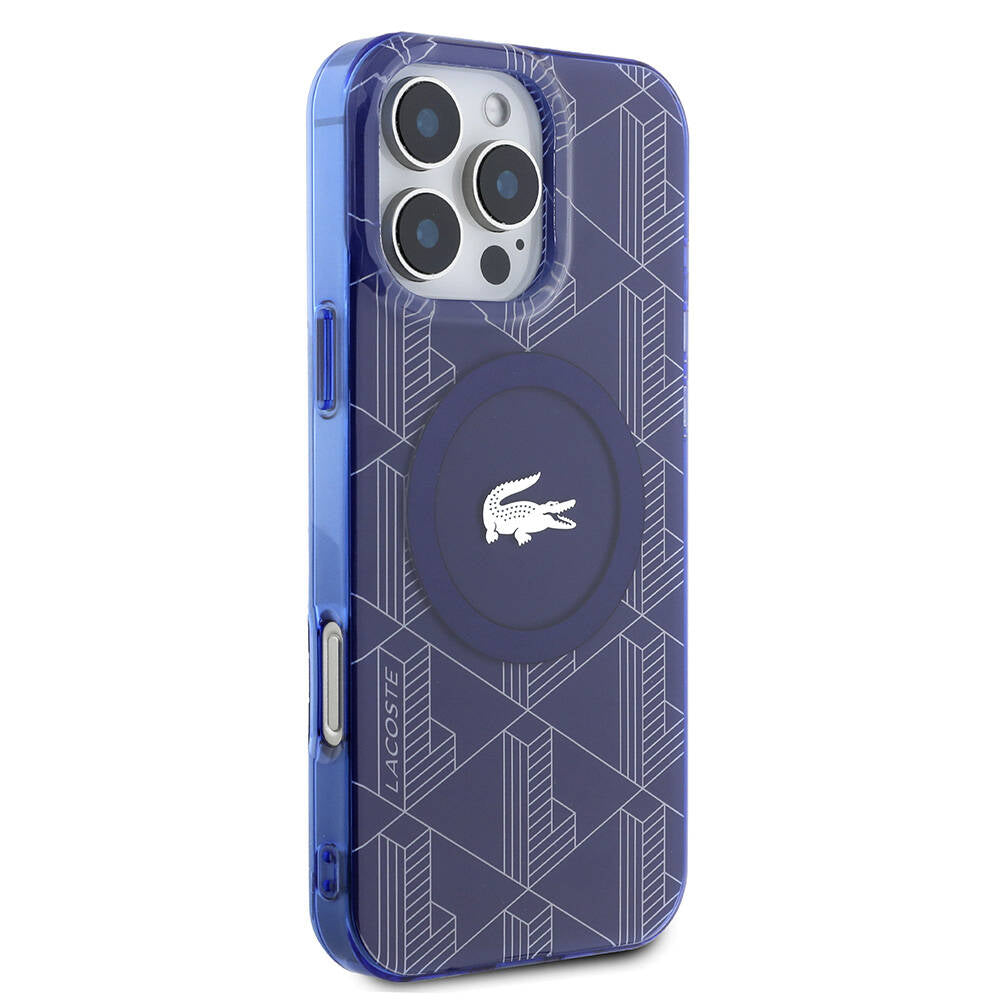 Apple iPhone 16 Pro Kılıf Lacoste Orjinal Lisanslı Magsafe Şarj Özellikli IML Baskılı Gümüş Timsah Logolu Monogram Kapak Lacivert